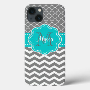 Donkergrijs en blauwe Chevron, speciaal aangepast iPhone 13 Hoesje