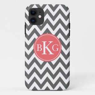Donkergrijs en koraal Chevron - aangepast monogram iPhone 11 Hoesje