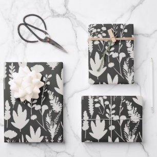 Donkergrijs en Witte Kruiden Planten Patroon Bloem Inpakpapier Vel