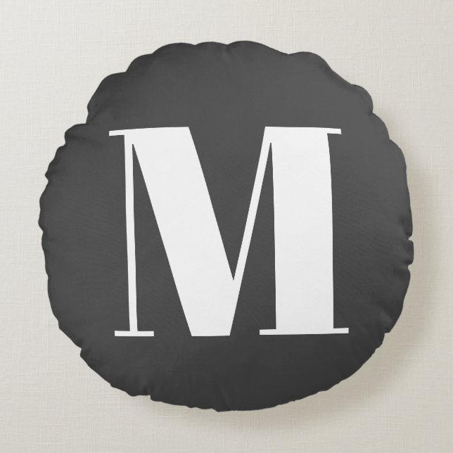 Donkergrijs Initiaal Letter Monogram Modern Rond Kussen (Voorkant)