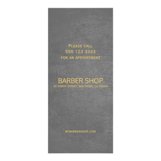 Donkergrijs leder tegen de achtergrond prijslijst reclamekaart (Achterkant)