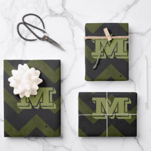 Donkergrijs legergroen chevron Monogram Inpakpapier Vel