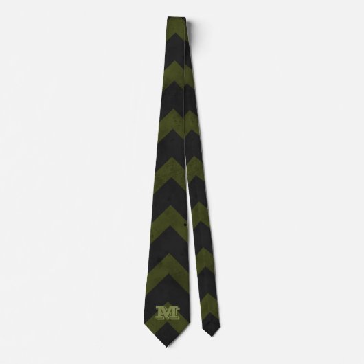 Donkergrijs legergroen  chevron Monogram Stropdas (Voorkant)