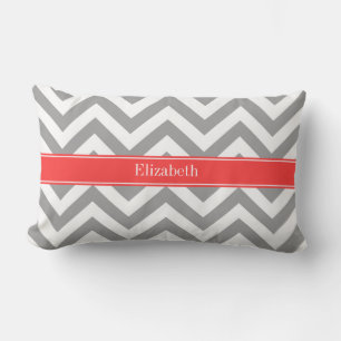 Donkergrijs Lg Chevron Koraalrood Naam Monogram Kussen