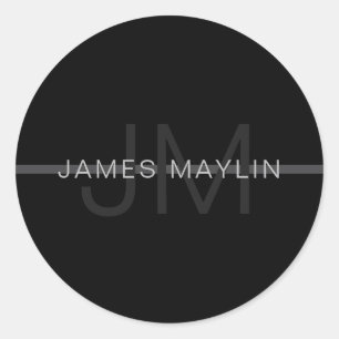 Donkergrijs monogram, naam en geometrische streep ronde sticker
