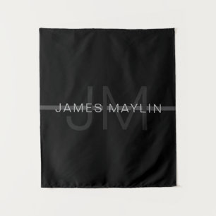 Donkergrijs monogram, naam en geometrische streep wandkleed
