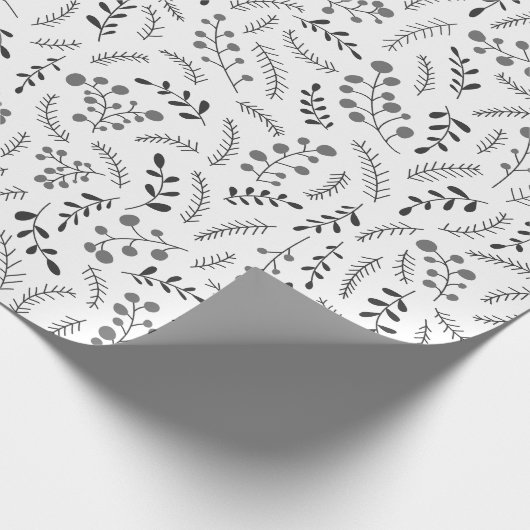 donkergrijs wit bladpatroon cadeaupapier (Hoek)