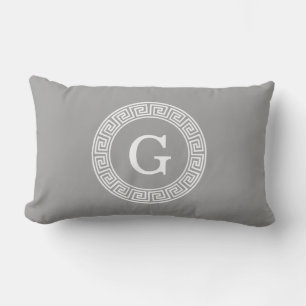 Donkergrijs wit Grieks sleutel Rnd Lijst Initiaal Kussen