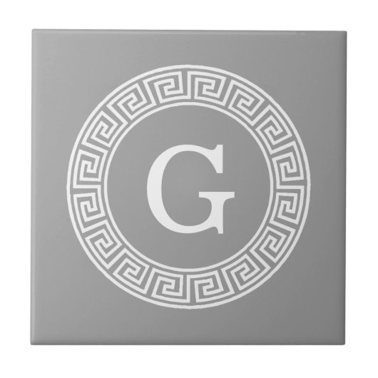 Donkergrijs wit Grieks sleutel Rnd Lijst Initiaal Tegeltje (Voorkant)