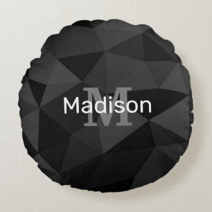 Donkergrijs zwart geometrisch maaspatroon Monogram Rond Kussen