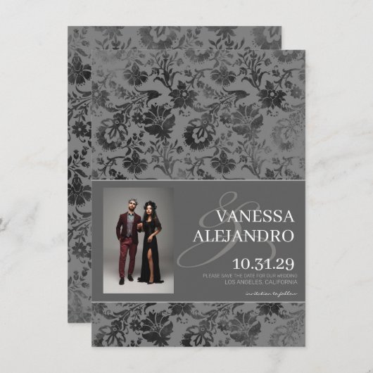 Donkergrijze bloemen save the date (Voorkant / Achterkant)