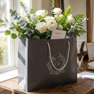 Donkergrijze botanische monogram huwelijks welkom groot cadeauzakje
