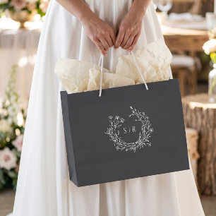 Donkergrijze botanische monogram huwelijks welkom  groot cadeauzakje