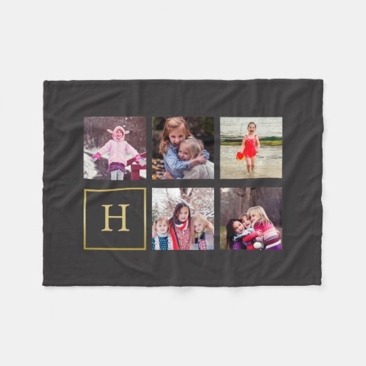Donkergrijze fotocollage monogram fleece deken (Voorkant (Horizontaal))
