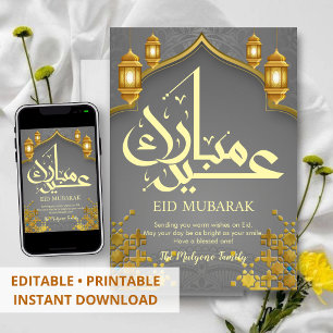 Donkergrijze & gouden sierlijke mozaïek Eid Mubara Feestdagenkaart