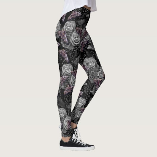 Donkergrijze Raven Evermore met Rozen en Hawkmoths Leggings (Rechts)