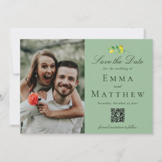 Donkergroen Aquarel Minimal Citroen - QR & Foto Save The Date