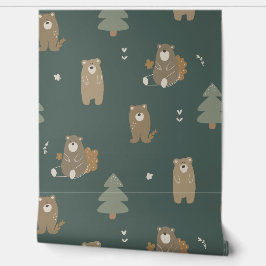 Donkergroen Baby Beer Woodland Wallpaper Behang
