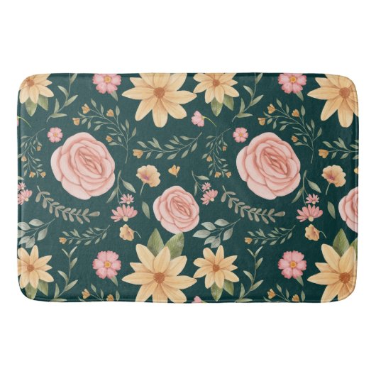 Donkergroen Elegant Wildbloempatroon Badmat (Voorkant)