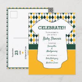 Donkergroen en gele argyle-Baby shower Briefkaart