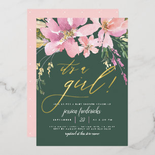 Donkergroen en goud Het is een Girl Floral Baby sh Folie Uitnodiging