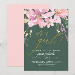 Donkergroen en goud Het is een Girl Floral Baby sh Kaart