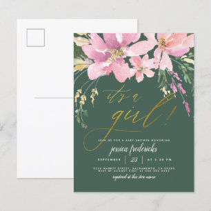 Donkergroen en goud Het is een Girl Floral Baby sh Uitnodiging Briefkaart