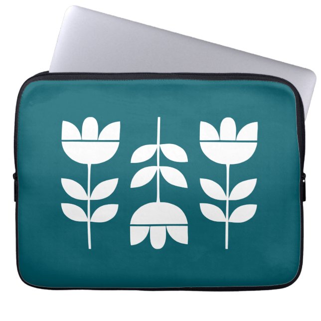 Donkergroen en wit 3 bloemen laptop sleeve (Voorkant)