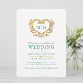 Donkergroen en wit goudhart bruiloft kaart (Staand voorkant)