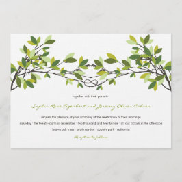 Donkergroen geknoopte liefdesbomen zomer bruiloft kaart