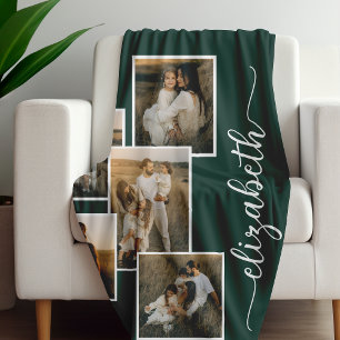 Donkergroen gepersonaliseerd met naam 5 fotocollag fleece deken
