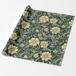 Donkergroen gestileerde gele bloemenpatroon cadeaupapier