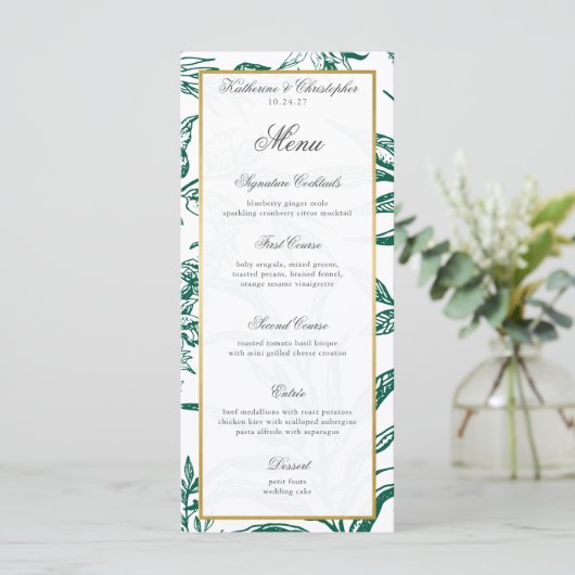 Donkergroen Goud Botanisch Bruiloft Menu (Staand voorkant)