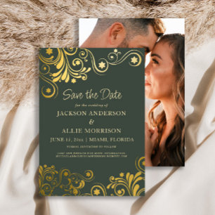 Donkergroen Goud Krullen Foto Bruiloft Save The Date