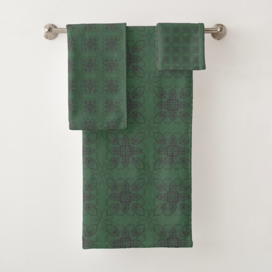 Donkergroen met Geometric Floral Style Pattern Bad Handdoek (Insitu)