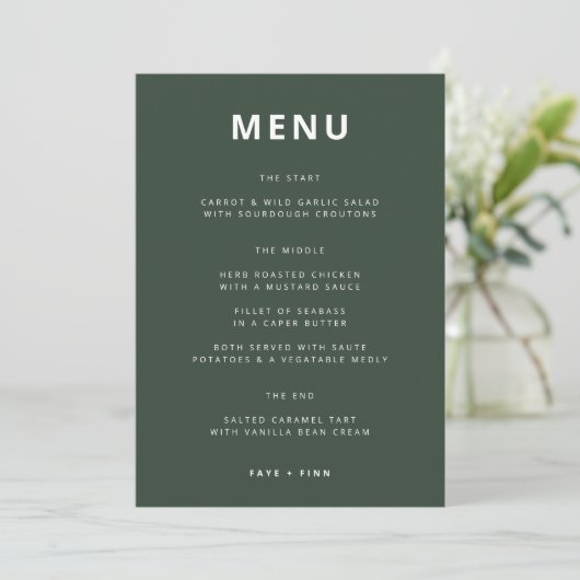Donkergroen | Minimalistisch Scandi Modern Wedding Menu (Staand voorkant)
