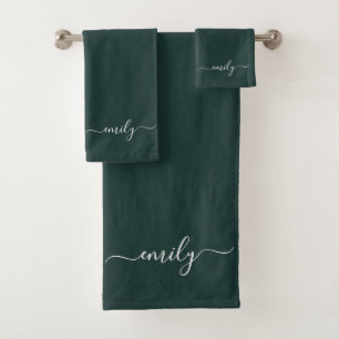 Donkergroen Modern Script Monogram Naam Bad Handdoek