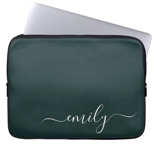 Donkergroen Modern Script Monogram Naam Laptop Sleeve (Voorkant)