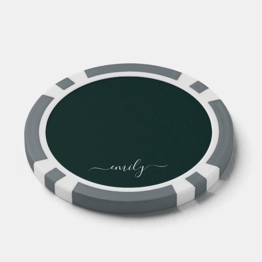 Donkergroen Modern Script Monogram Naam Poker Chips (Enkel)