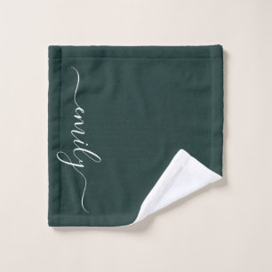 Donkergroen Modern Script Monogram Naam Washandje