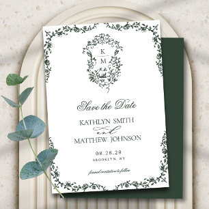 Donkergroen Monogram Bloemen Crest Bruiloft Save The Date