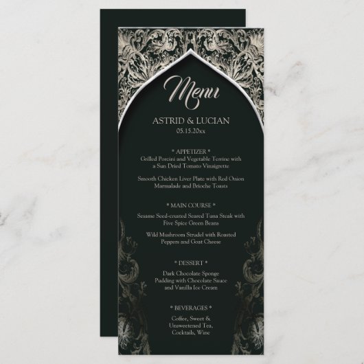 Donkergroen Regal zilver bloeien bruiloft Menu (Voorkant / Achterkant)