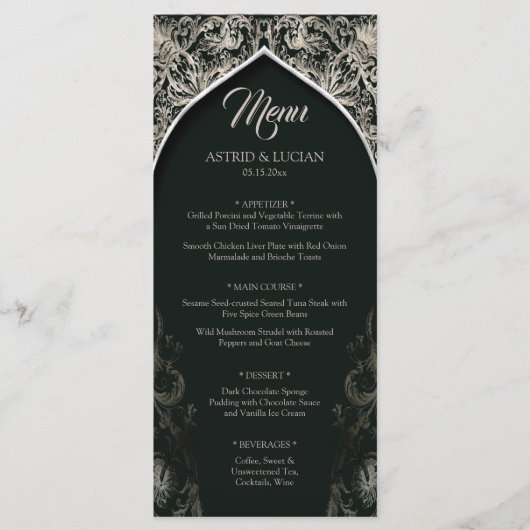 Donkergroen Regal zilver bloeien bruiloft Menu (Voorkant)