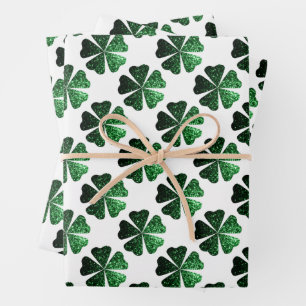 Donkergroen sprankelend Shamrock patroon op wit Inpakpapier Vel