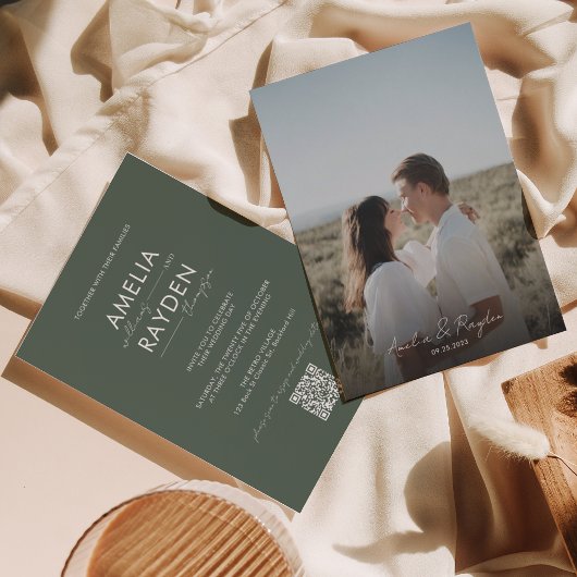 Donkergroen Typografie Script Foto QR Code Bruilof Kaart