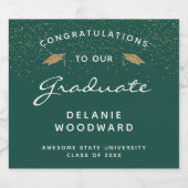 Donkergroen wit script Gold Pet Afstuderen Sparkling Wijnetiket (Enkel label)