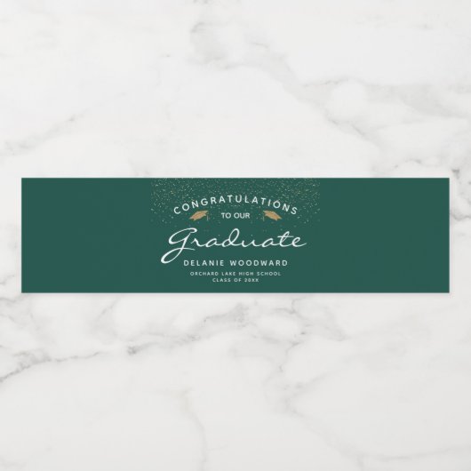 Donkergroen wit script Gold Pet Afstuderen Waterfles Etiket (Enkel label)