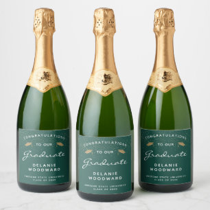 Donkergroen Witte Script Gouden Dop Afstudeercerem Sparkling Wijnetiket
