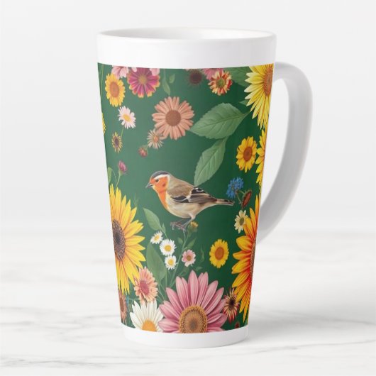 Donkergroene achtergrond Vogels en bloemen Latte Mok (Rechterhoek)