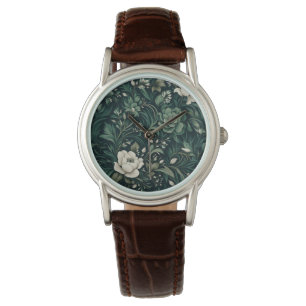 Donkergroene bloemmotief in smaragdgroen horloge